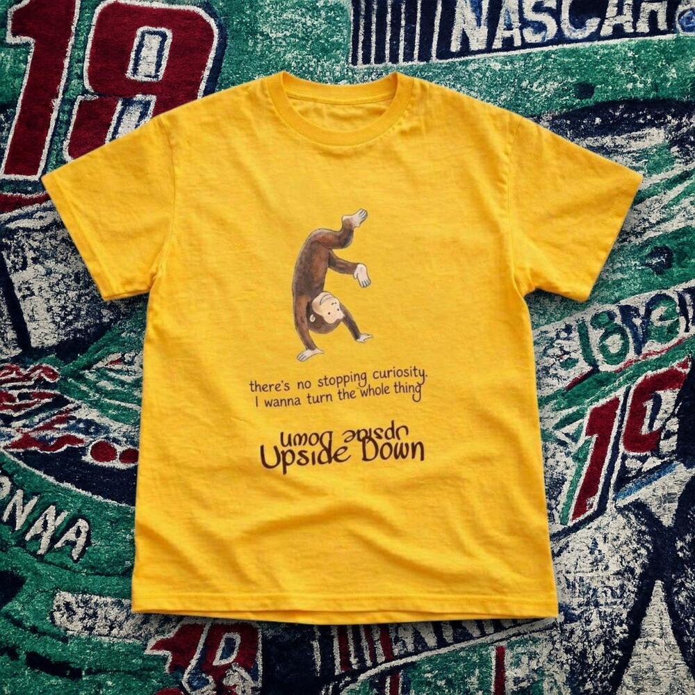 Curious George Upside Down Graphic Tee Yellow Cartoon Shirt Unisex